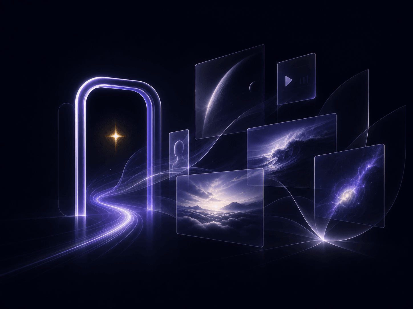 A luminous Lucky Portal opening into cinematic media frames