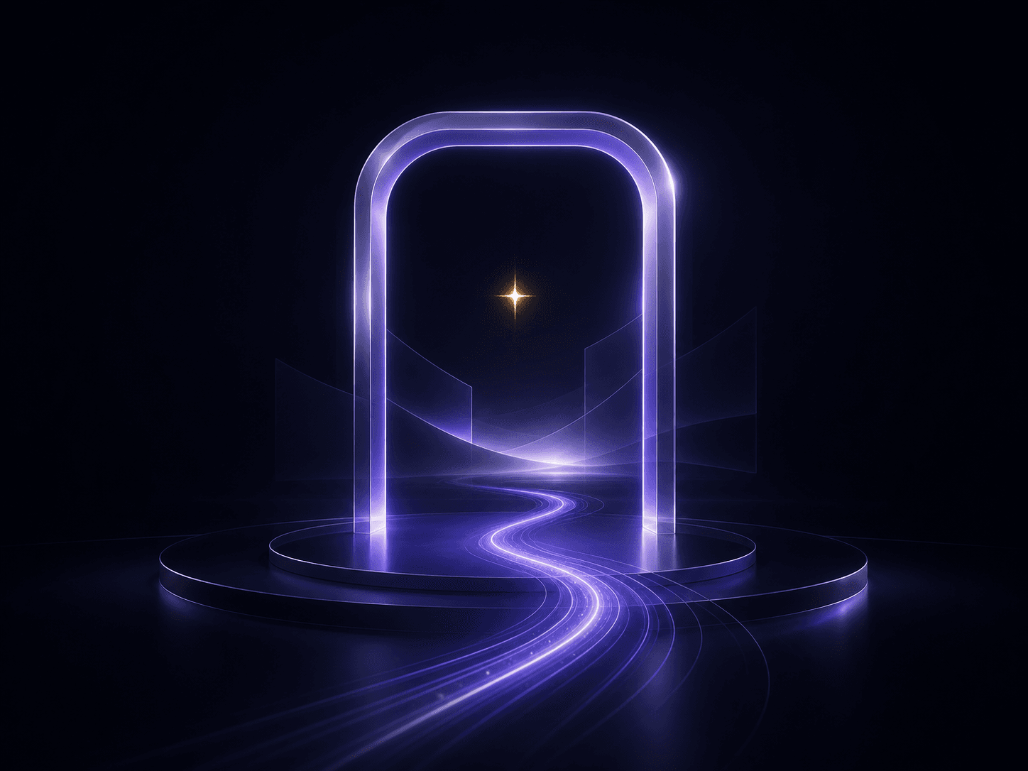 A minimal glowing portal stage with a gold star and violet AI light paths