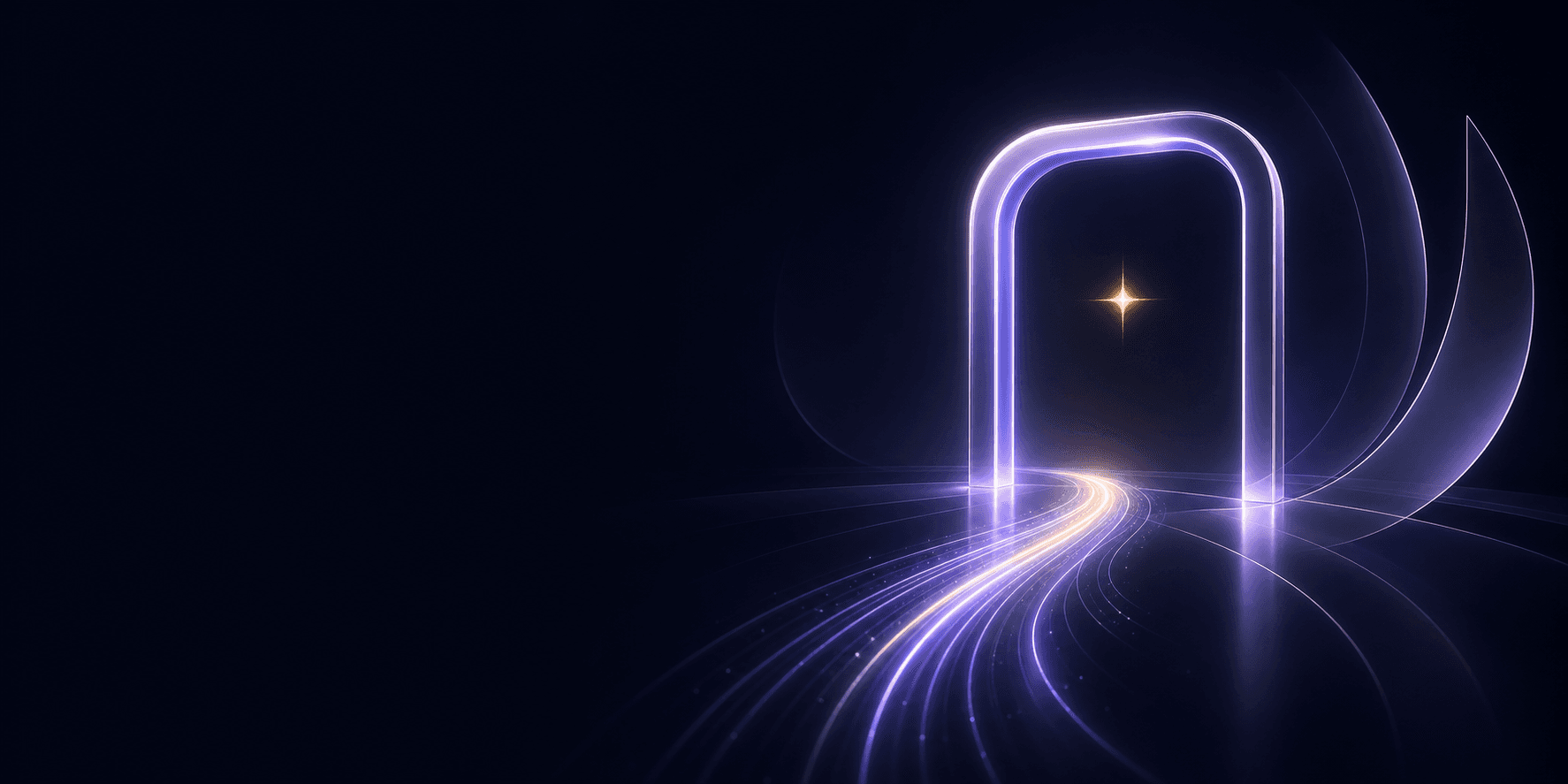 A glowing rounded portal doorway with a gold star and AI light paths