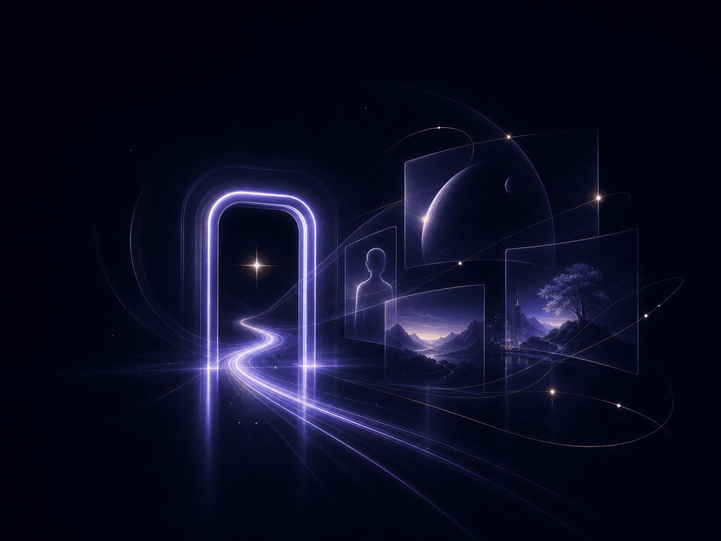 A Lucky Portal opening into layered cinematic story worlds